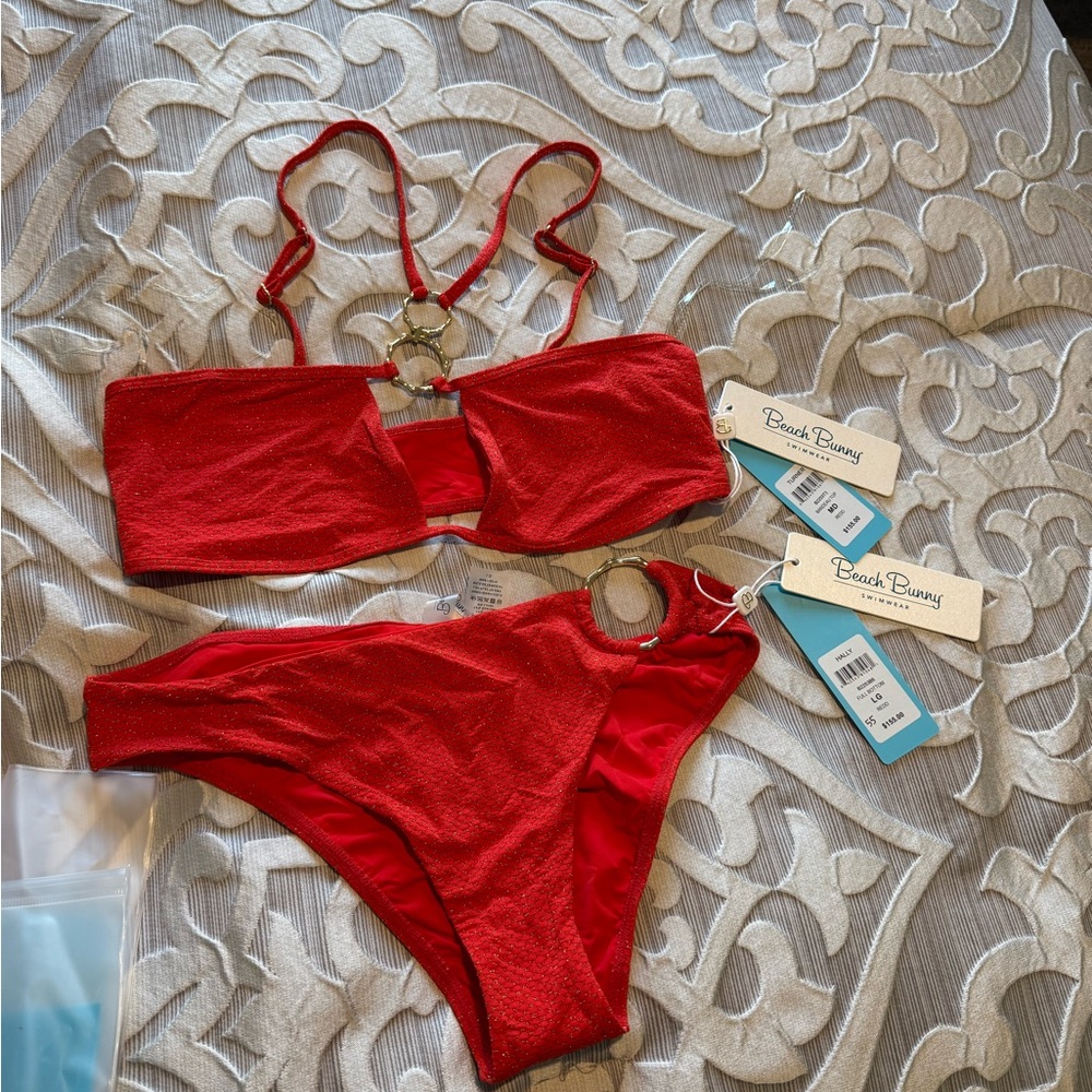 Beach Bunny Red Bikini with Gold Ring Detail